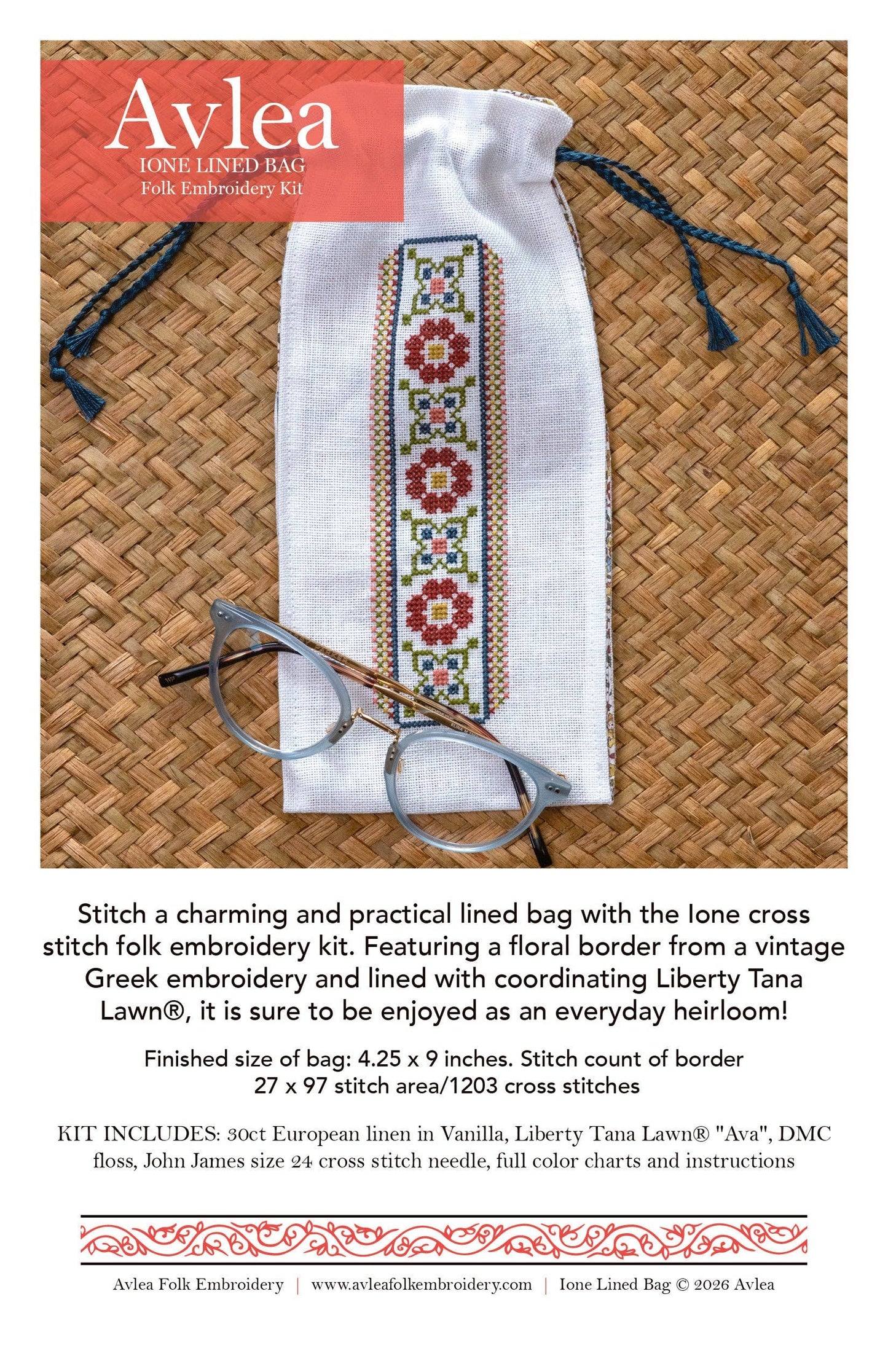 Ione Lined Bag Cross Stitch Avlea Folk Embroidery Kit