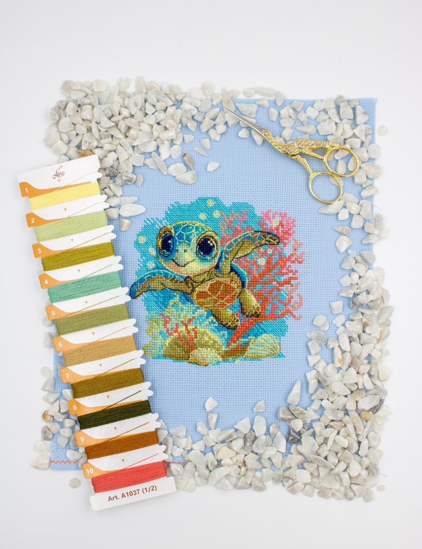 BABY SEA TURTLE Cross Stitch Kit by AINE A1037 Ocean Coral