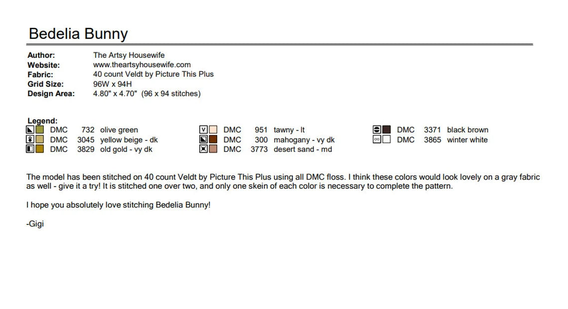 Bedelia Bunny Cross Stitch Pattern Physical Copy Artsy Housewife