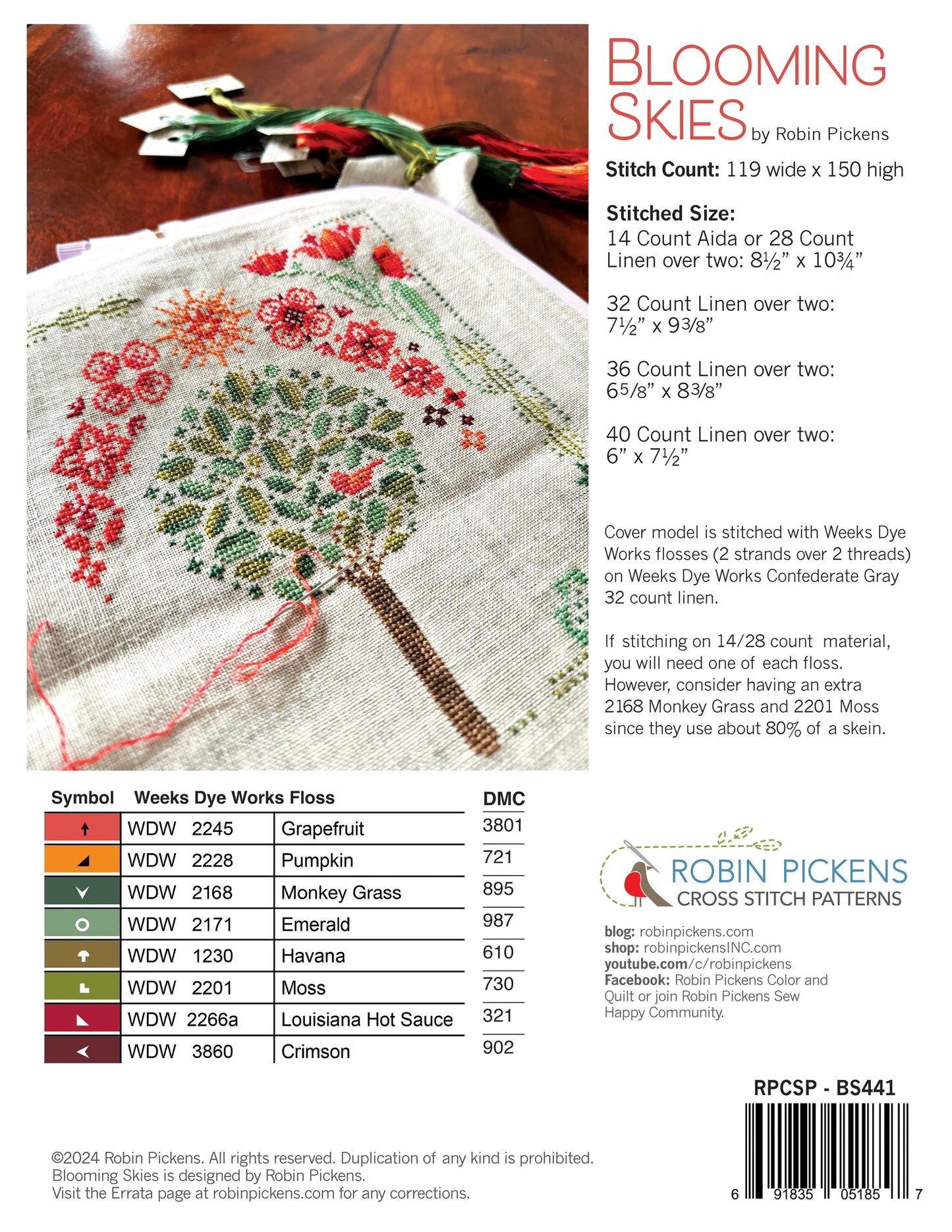 Robin Pickens BLOOMING SKIES Cross Stitch Pattern