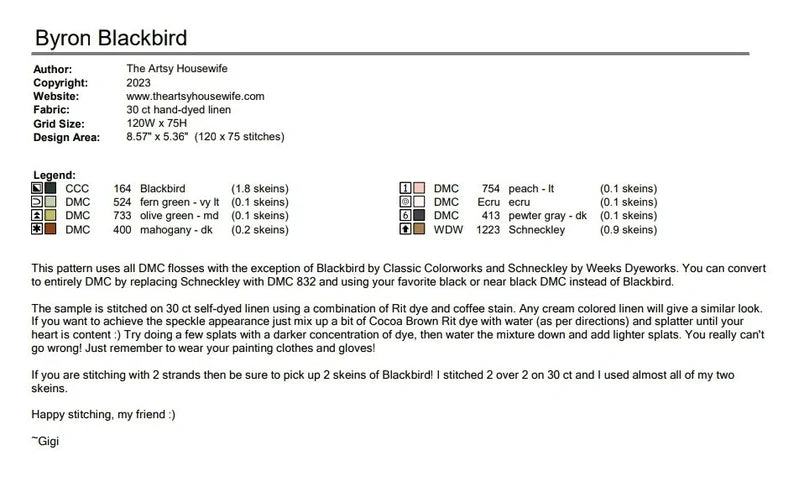 Byron Blackbird Cross Stitch Pattern Physical Copy Artsy Housewife