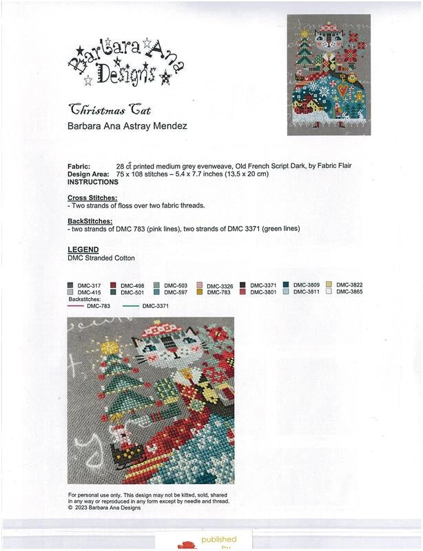 Christmas Cat Barbara Ana Cross Stitch Pattern