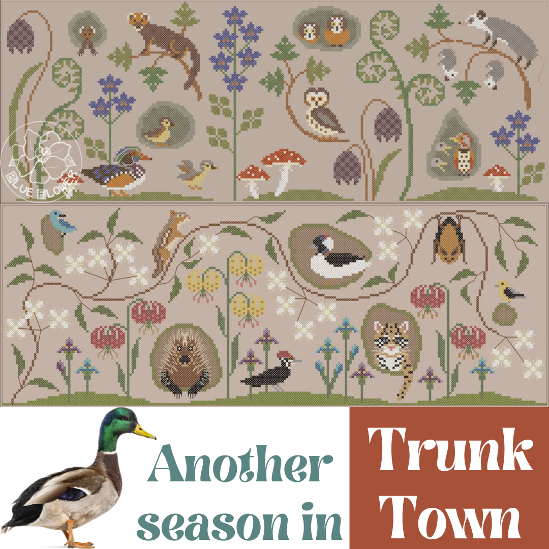 Blue Flower TRUNK TOWN SPRING Cross Stitch Pattern