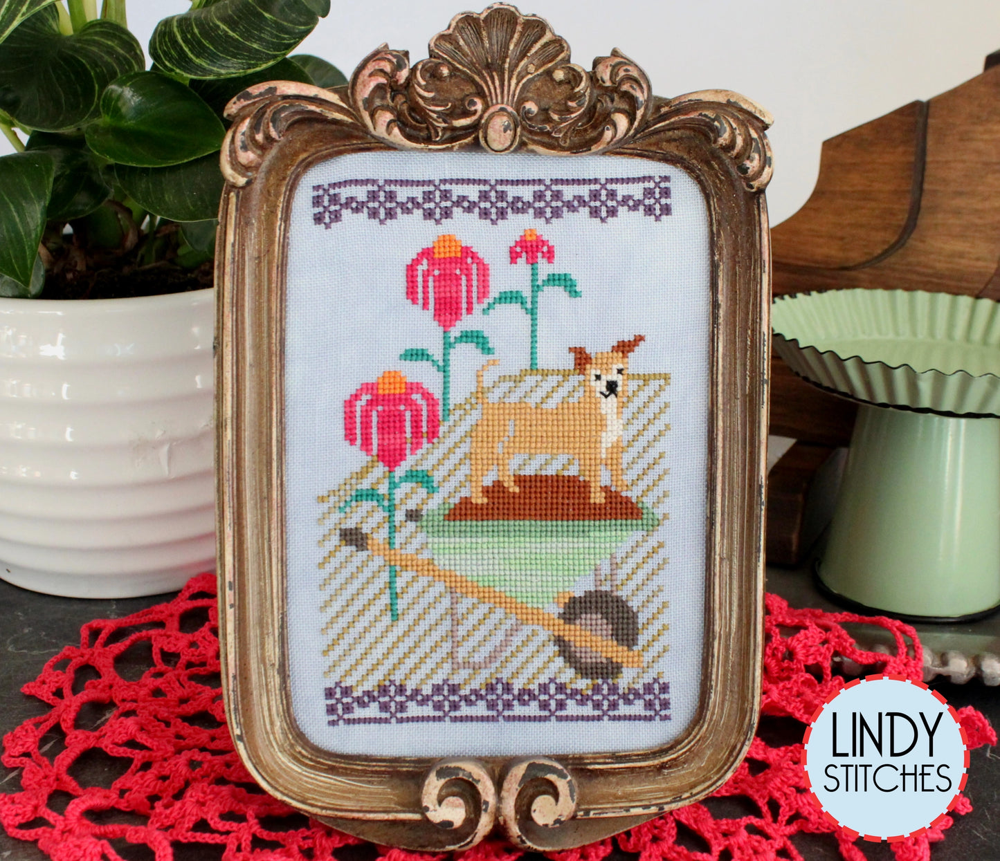 Helping in the Coneflowers Cross Stitch Pattern Lindy Stitches Dogs in the Garden #2