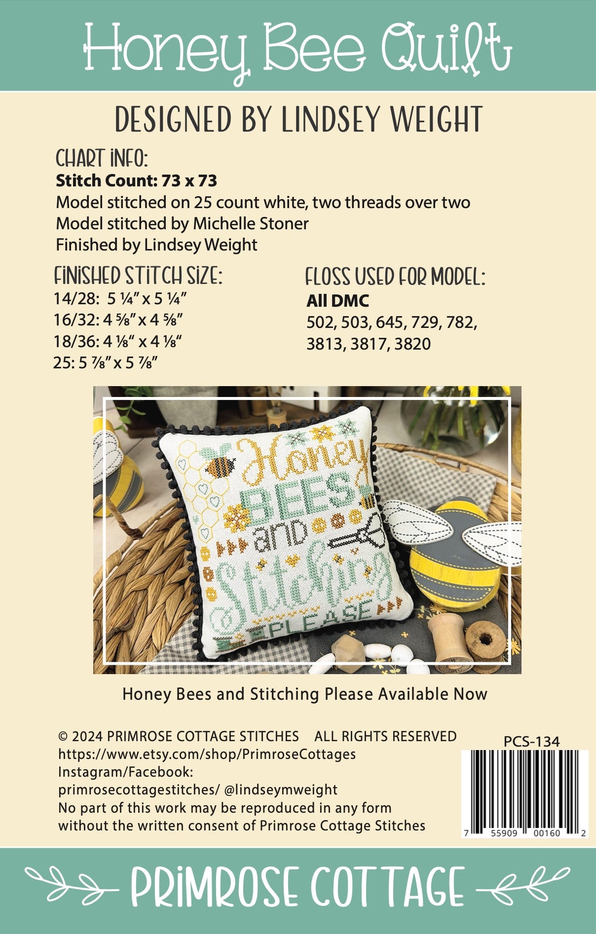 Honey Bee Quilt Primrose Cottage Cross Stitch Pattern