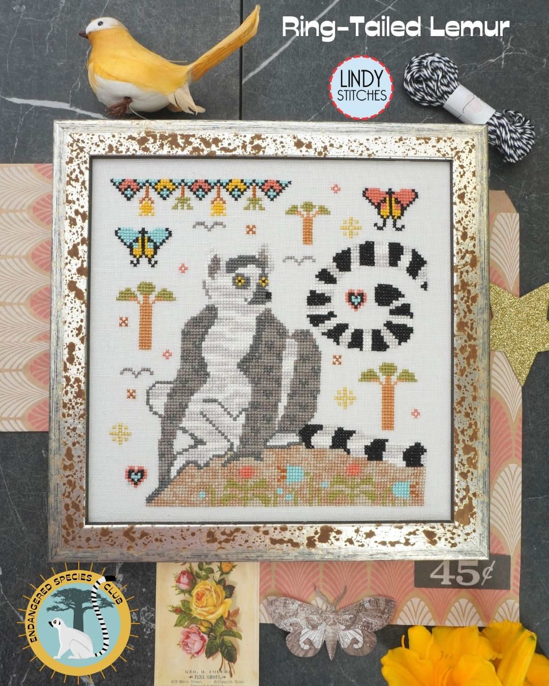 Lindy Stitches RING-TAILED LEMUR Cross Stitch Pattern Endangered Species Club #4