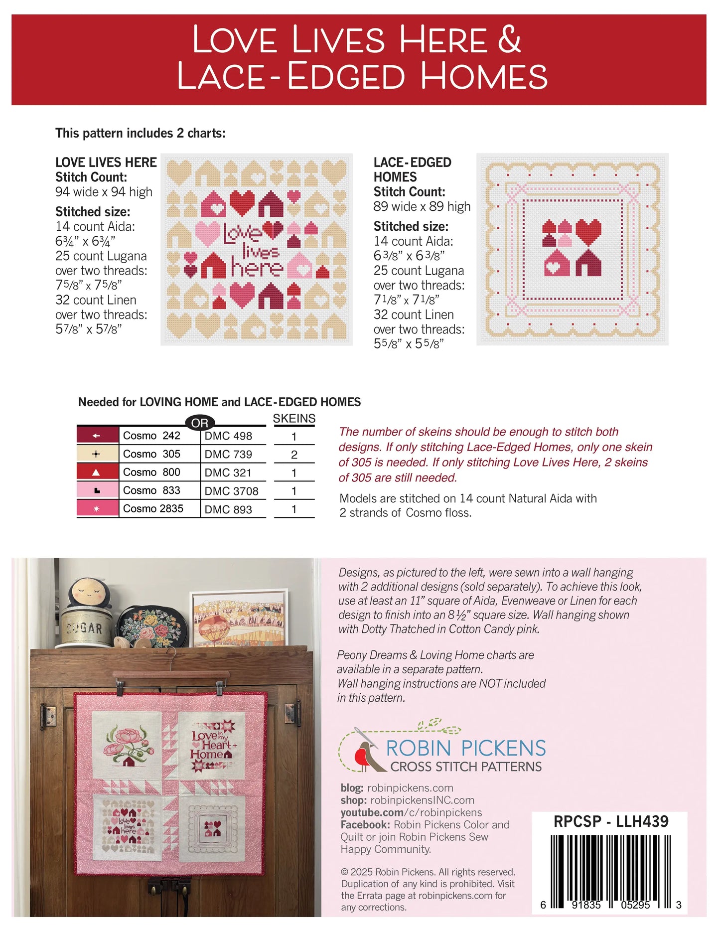 PREORDER Robin Pickens LOVE LIVES HERE & LACE-EDGED HOMES Cross Stitch Pattern