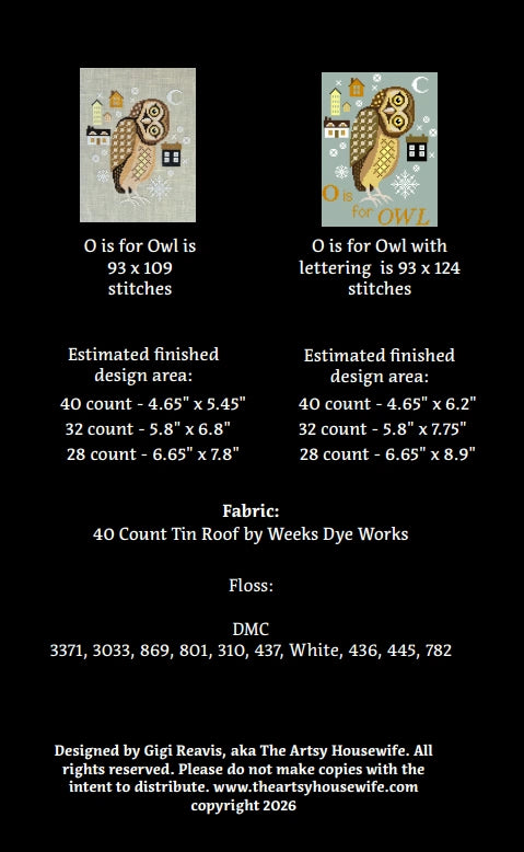 PREORDER O is for Owl Cross Stitch Pattern by The Artsy Housewife