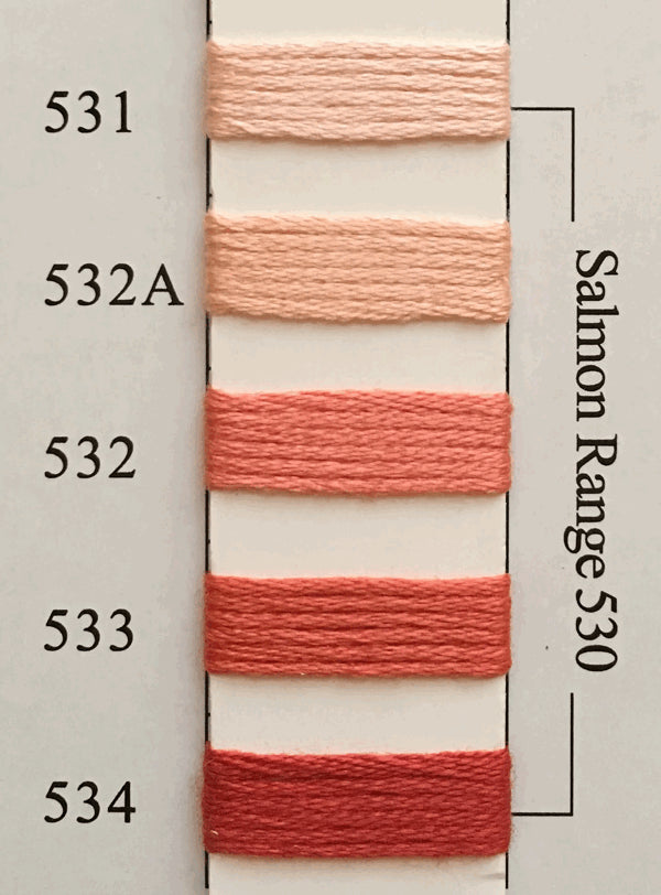 Needlepoint NPI Silk Floss 8 Ply Salmon Range 531 532A 532 533 534