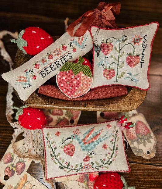Strawberry Thieves Pinkeep Cross Stitch Pattern by Quaint Rose Needlearts Nashville Market