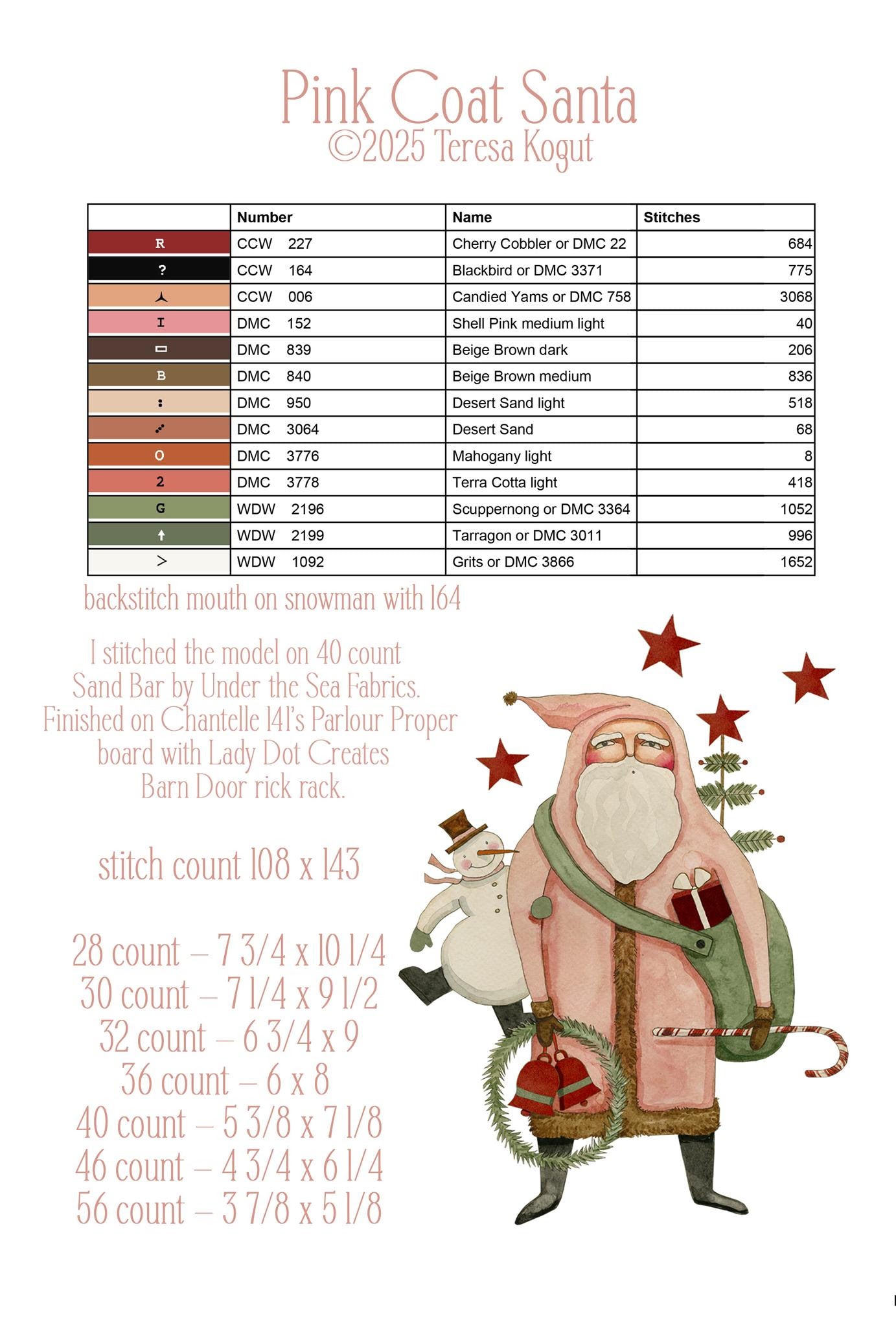 PREORDER Pink Coat Santa Teresa Kogut Cross Stitch Pattern