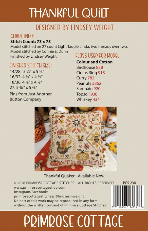 COMING SOON Thankful Quilt Primrose Cottage Cross Stitch Pattern Physical Copy