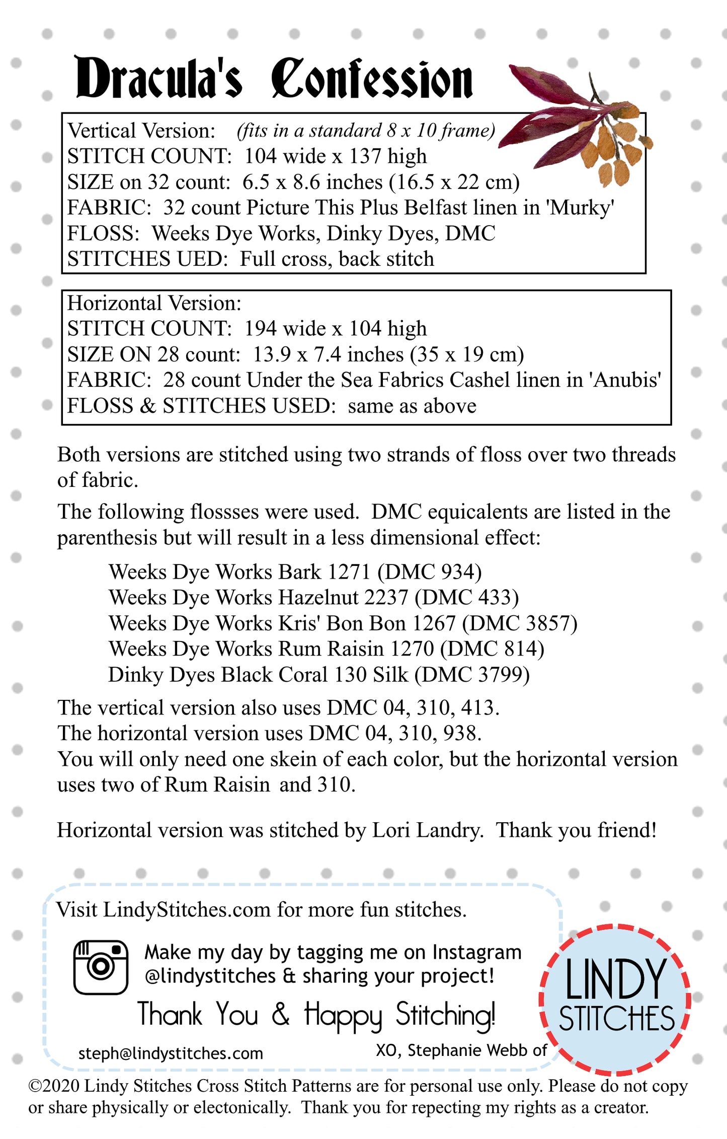 Dracula's Confession Cross Stitch Chart by Lindy Stitches