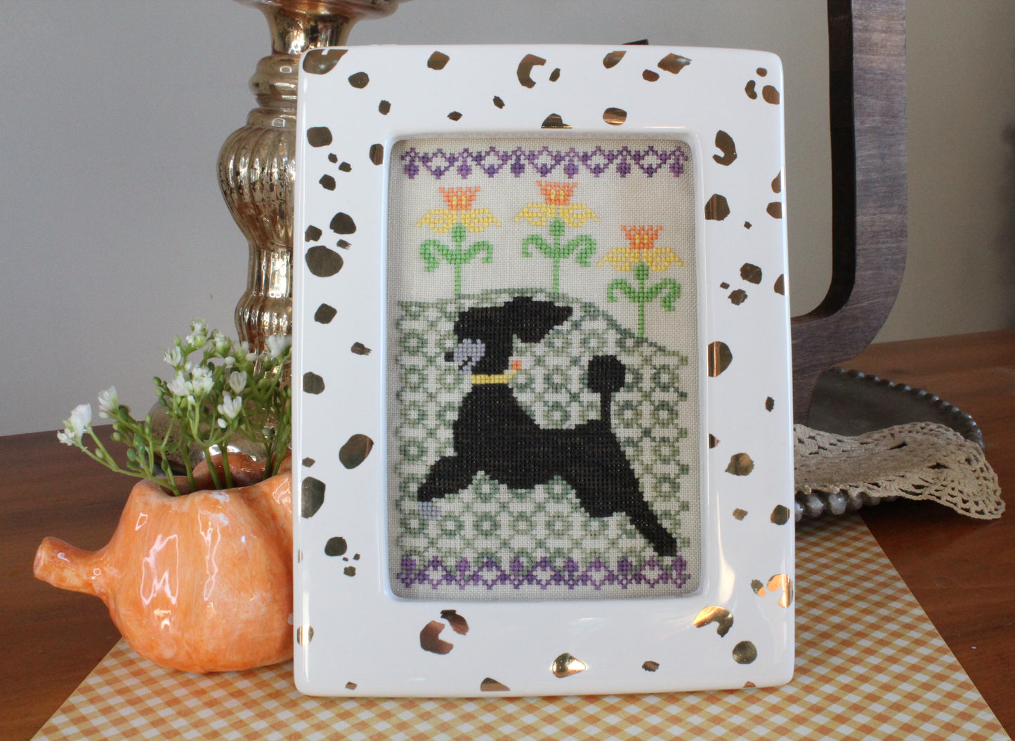 Frolicking in the Daffodils Cross Stitch Pattern Lindy Stitches Dogs in the Garden #1