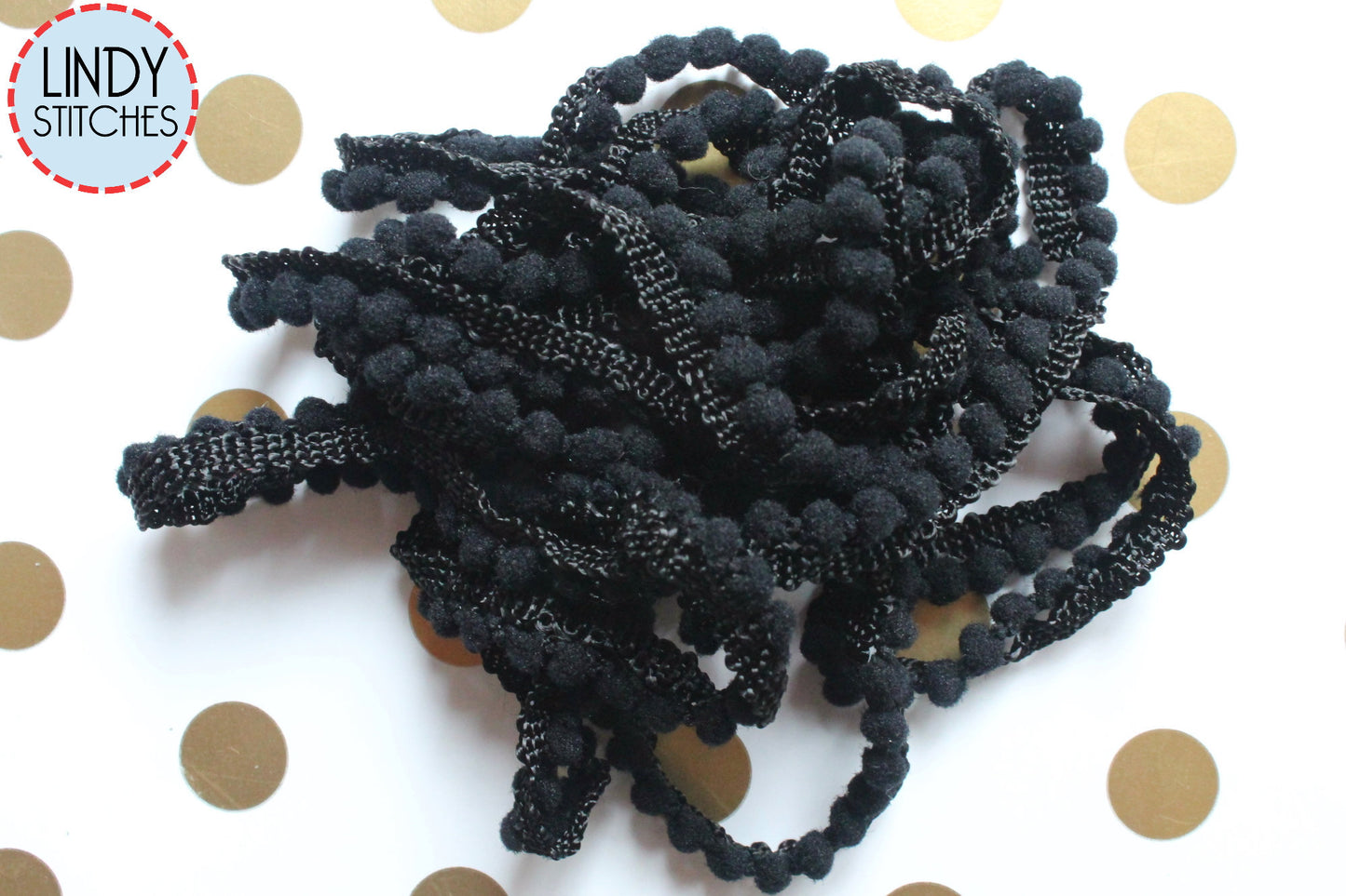 Licorice Black Mini Pom Pom Trim by Lady Dot Creates Hand Dyed 2 Yards