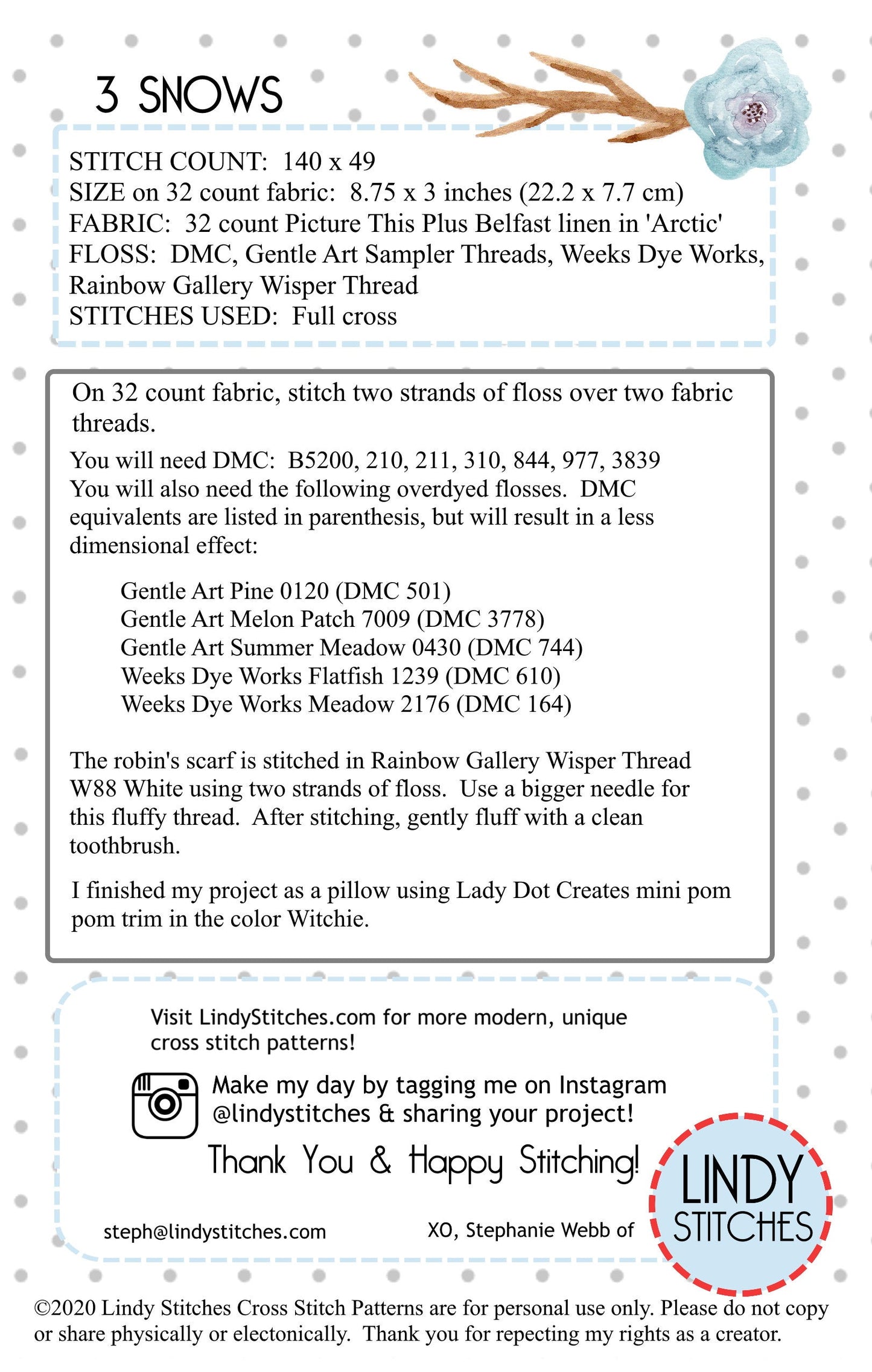 PDF 3 Snows Cross Stitch Pattern by Lindy Stitches