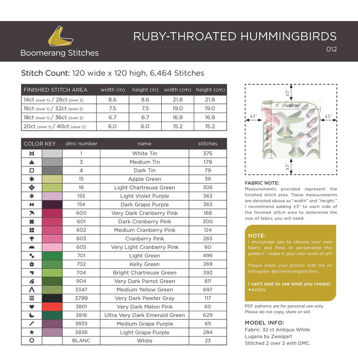 PREORDER Boomerang Stitches RUBY-THROATED HUMMINGBIRDS Cross Stitch Pattern Nashville Market
