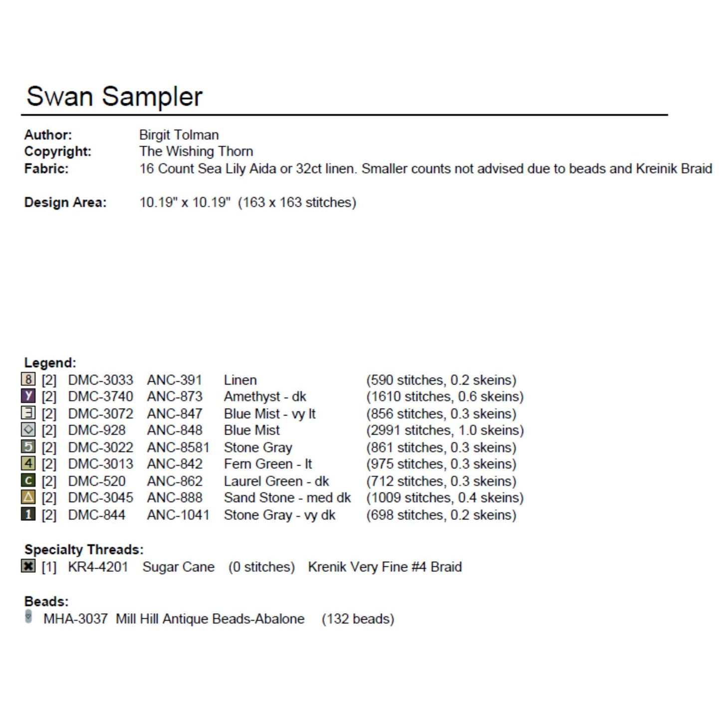 SWAN SAMPLER The Wishing Thorn Cross Stitch Sampler