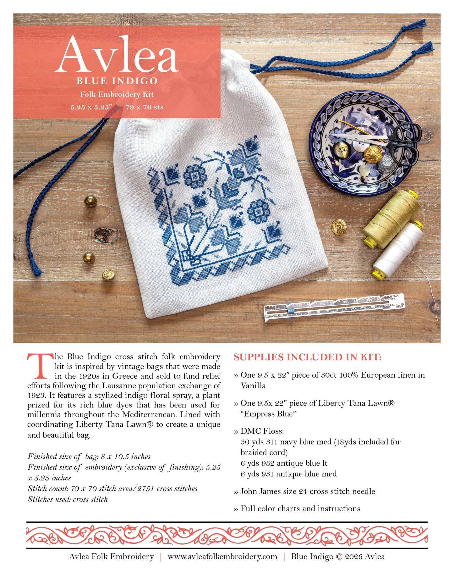 Blue Indigo Bag Cross Stitch Avlea Folk Embroidery Kit