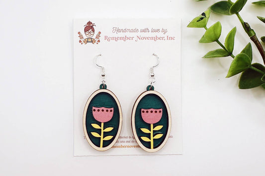 Nordic Flower Earrings, Scandinavian, Wood, Handpainted