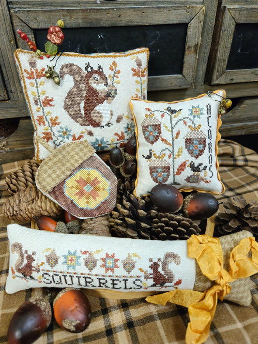 PREORDER Quaint Rose Needlearts ACORN THIEVES Cross Stitch Pattern
