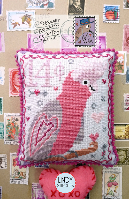 Air Mail February #6 Rose-Breasted Cockatoo (Galah) Cross Stitch Pattern by Lindy Stitches