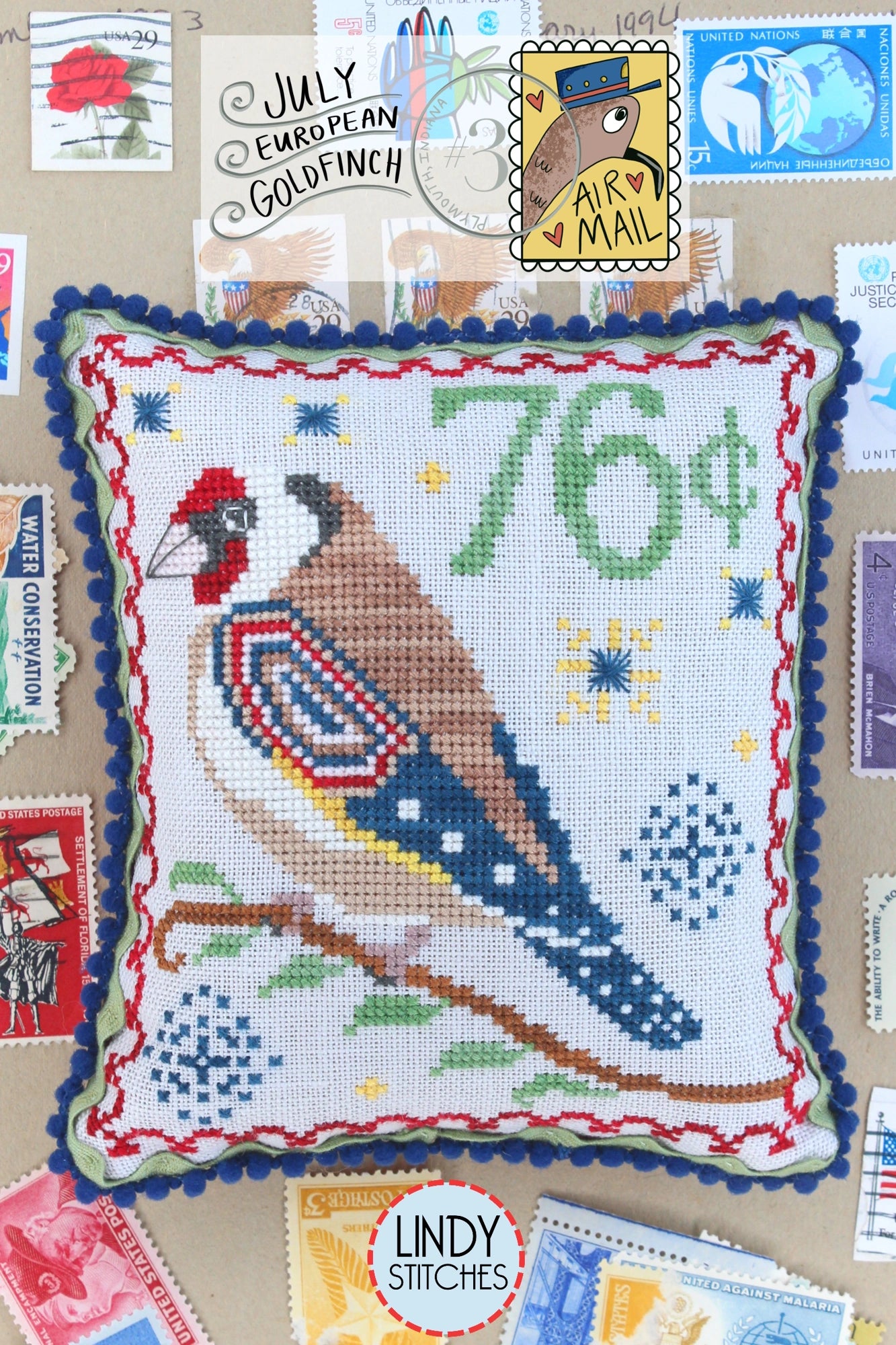 Air Mail July #3 European Goldfinch Cross Stitch Pattern by Lindy Stitches