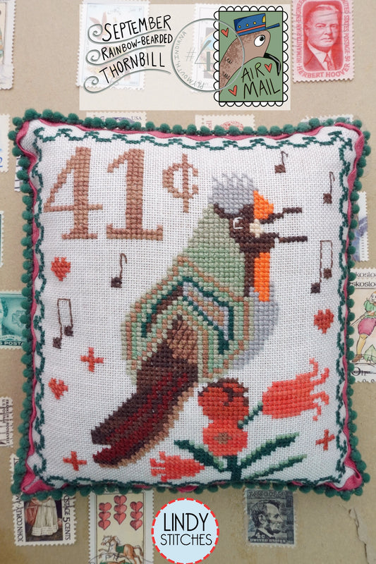 Air Mail September #4 Rainbow-Bearded Thornbill Cross Stitch Pattern by Lindy Stitches