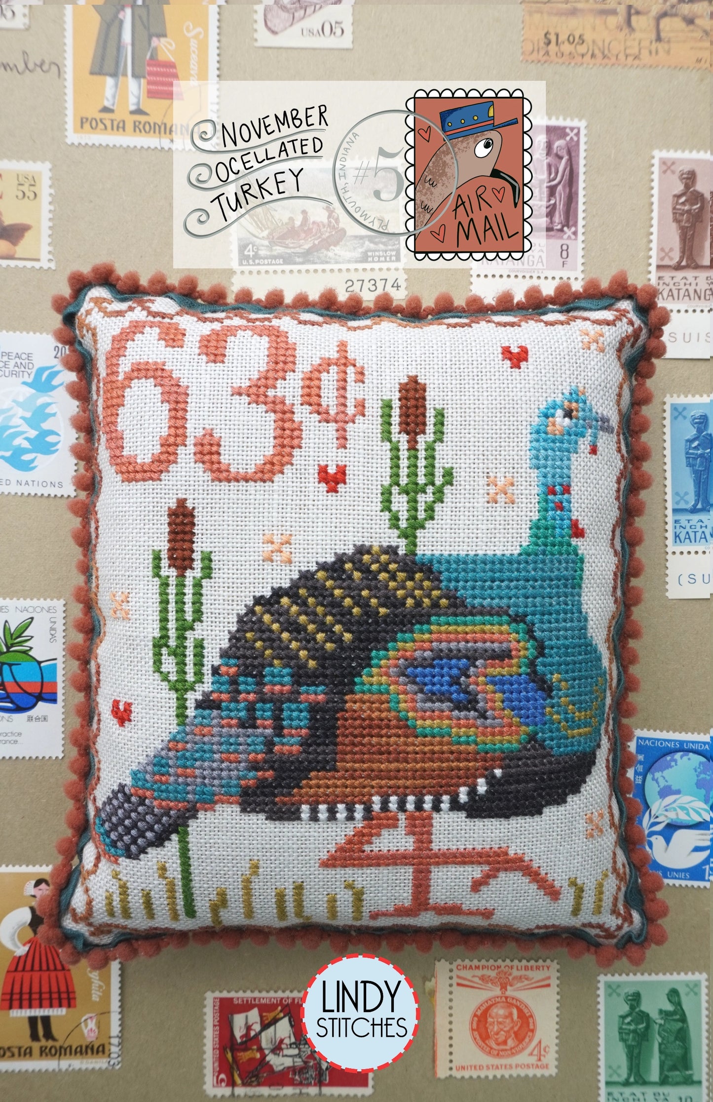 Air Mail November #5 Ocellated Turkey Cross Stitch Pattern by Lindy Stitches