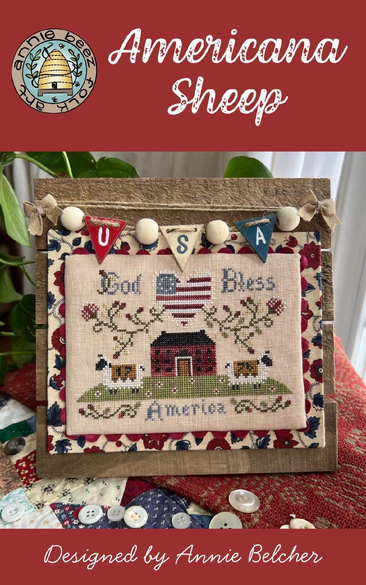 Annie Beez Folk Art AMERICANA SHEEP Cross Stitch Pattern