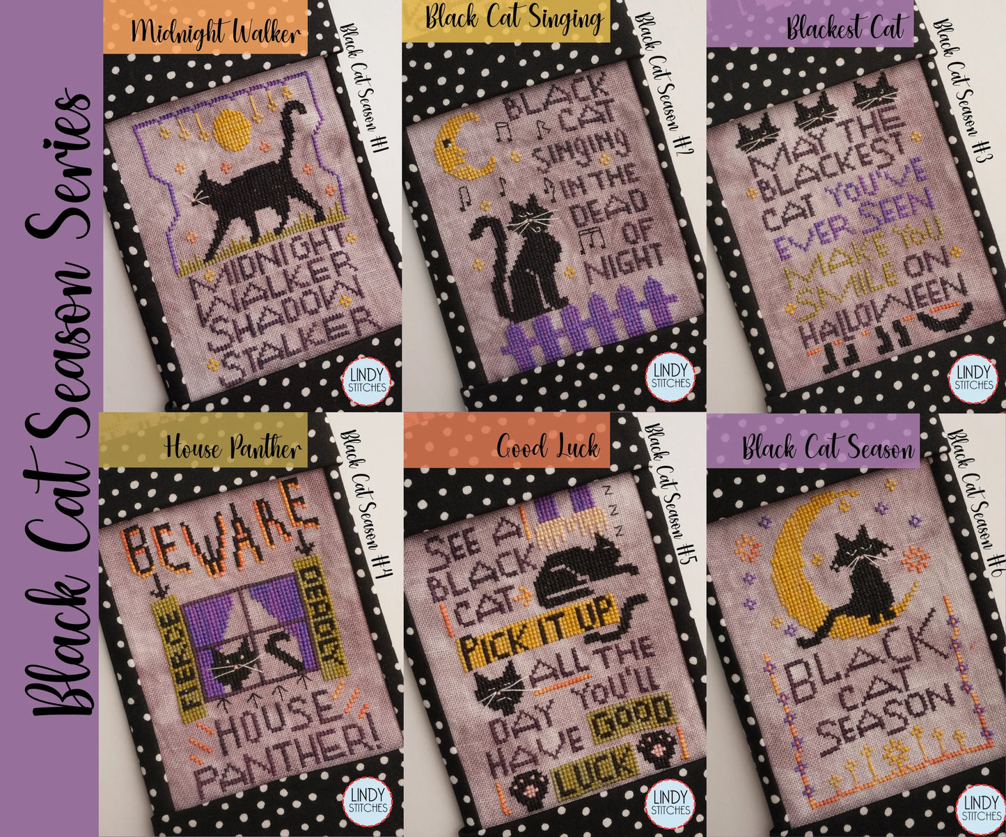 FULL SERIES! Black Cat Season Cross Stitch Patterns by Lindy Stitches