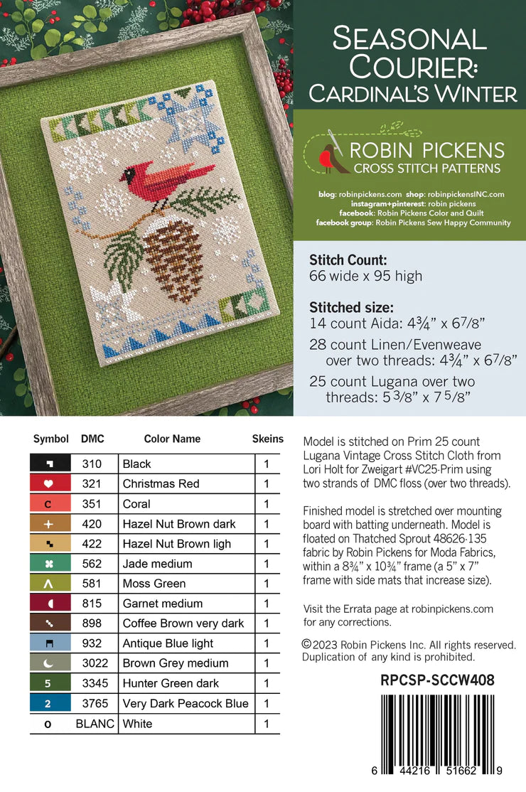 Cardinal's Winter Summer Seasonal Courier Cross Stitch Pattern by Robin Pickens