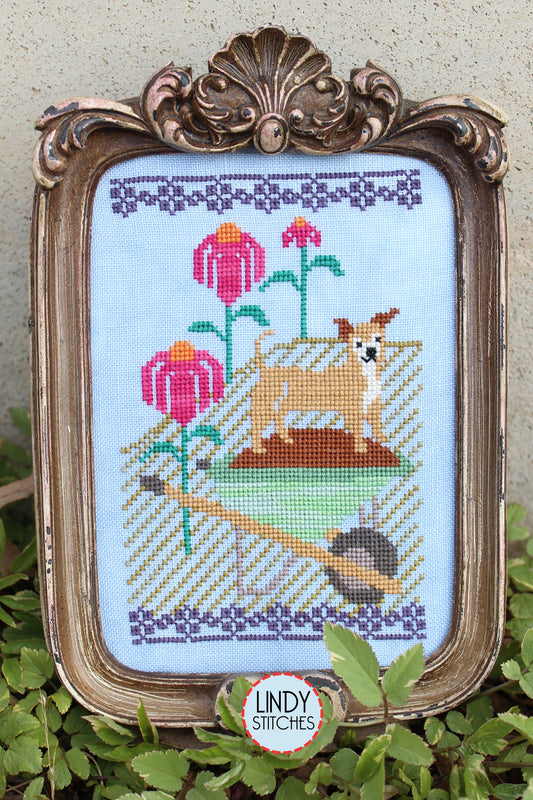 Helping in the Coneflowers Cross Stitch Pattern Lindy Stitches Dogs in the Garden #2