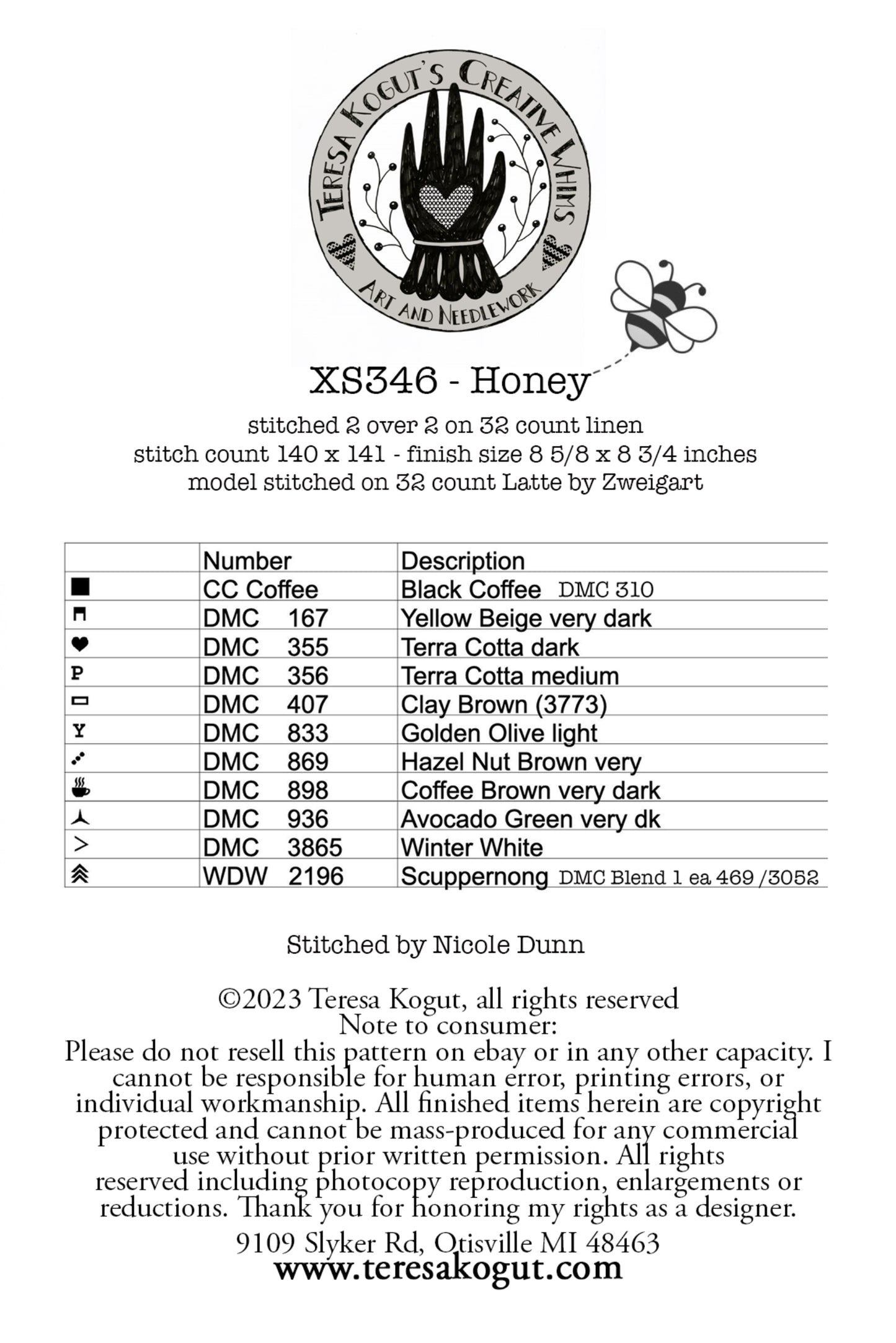Honey by Teresa Kogut Cross Stitch Pattern Physical Copy