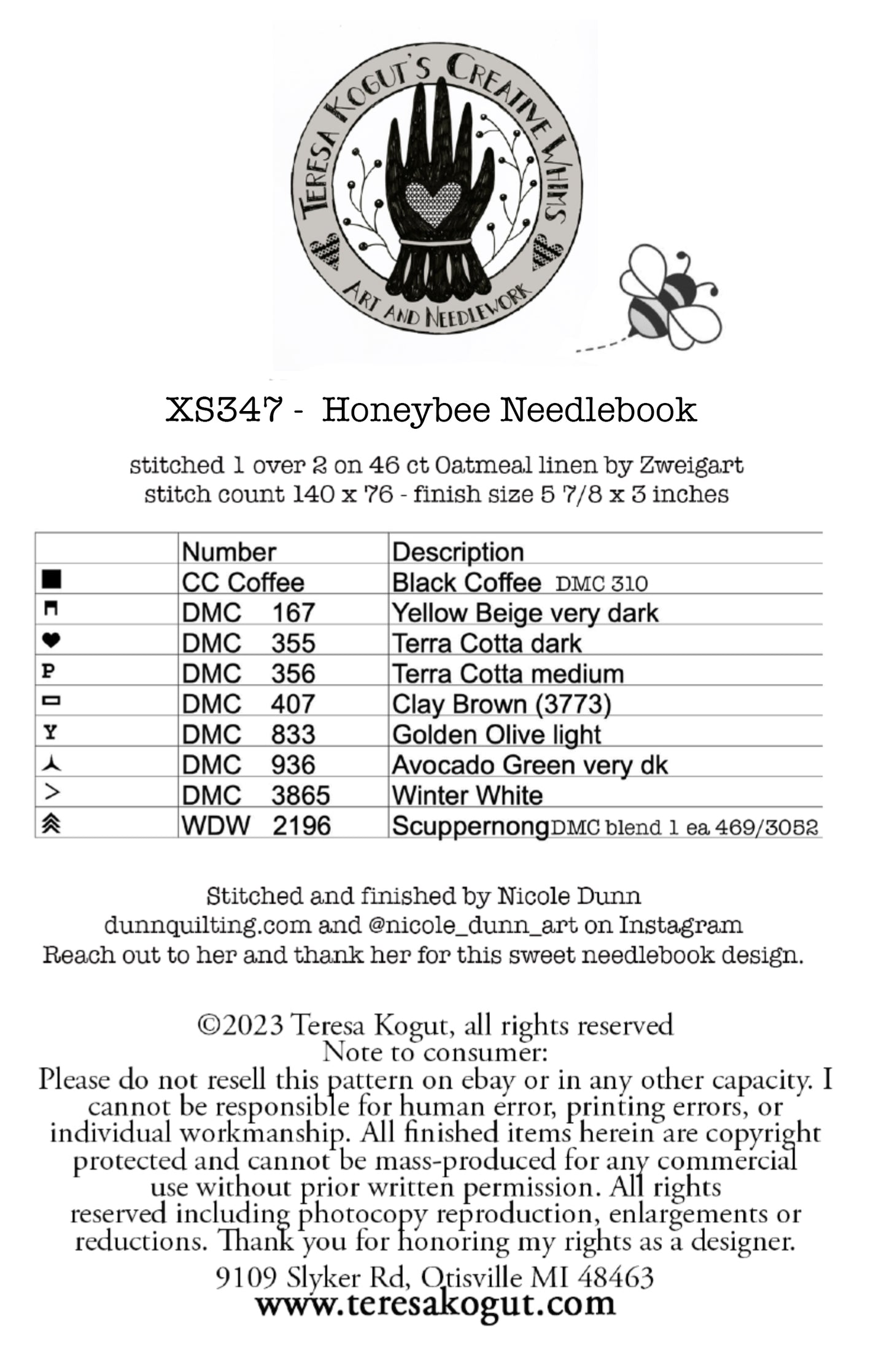 Honeybee Needlebook by Teresa Kogut Cross Stitch Pattern Physical Copy