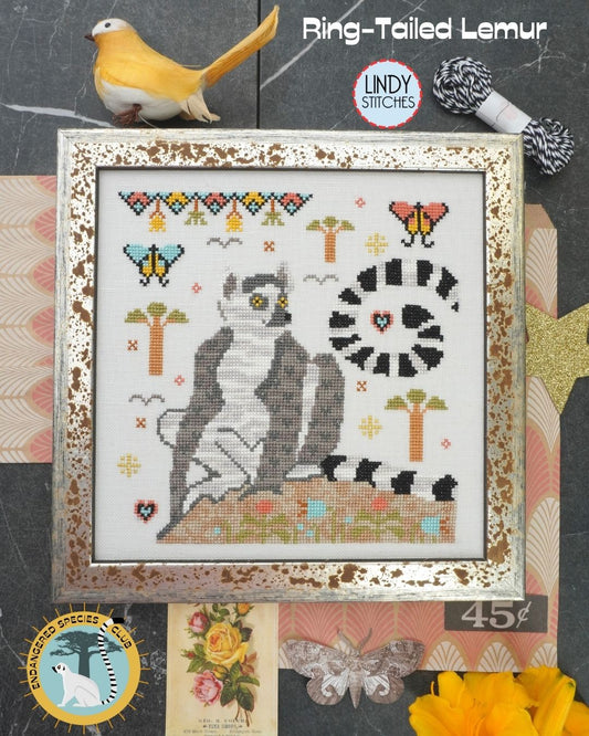 PREORDER Lindy Stitches RING-TAILED LEMUR Cross Stitch Pattern Endangered Species Club #4