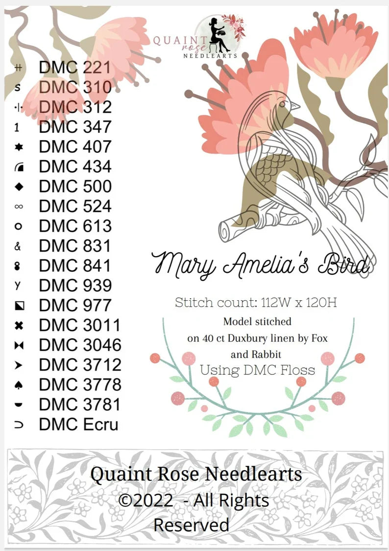 Mary Amelia's Bird Quaint Rose Needlearts Cross Stitch Pattern