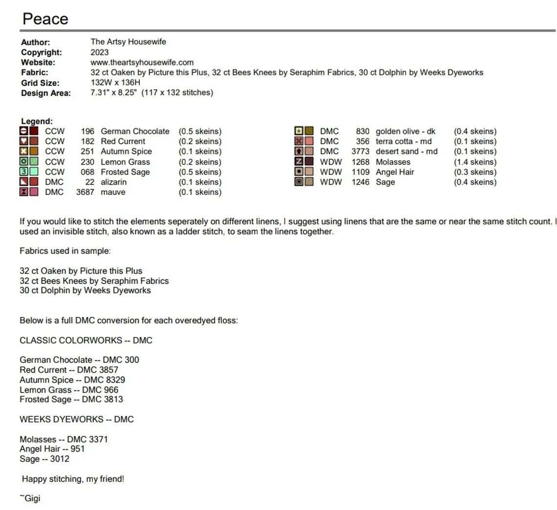 Peace Cross Stitch Pattern Physical Copy Artsy Housewife