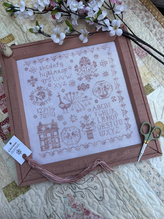 PREORDER Pansy Patch PINK PEACOCK SAMPLER Cross Stitch Pattern