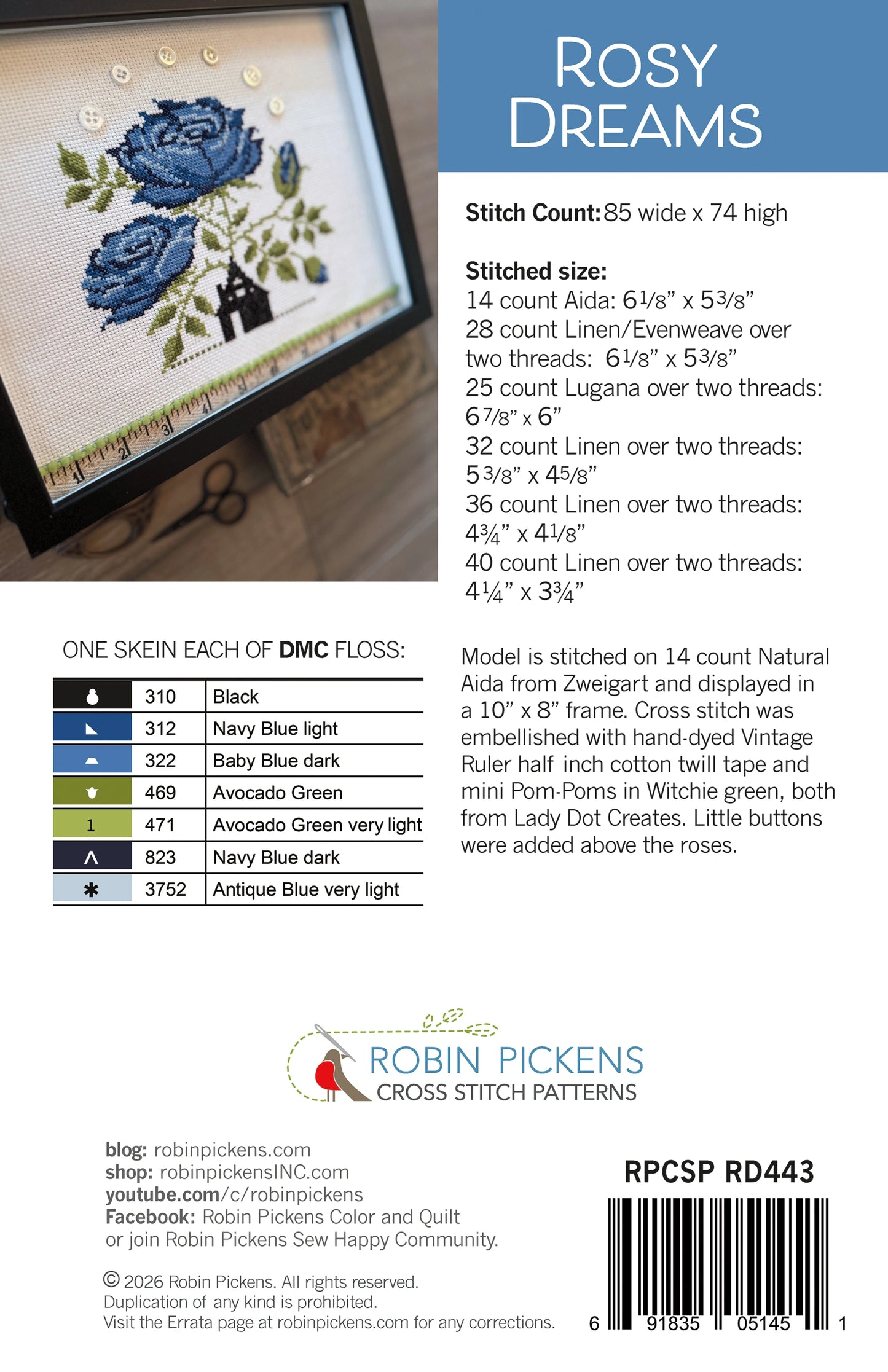 Robin Pickens ROSY DREAMS Cross Stitch Pattern – Lindy Stitches Robin Pickens ROSY DREAMS Cross Stitch Pattern – Lindy Stitches