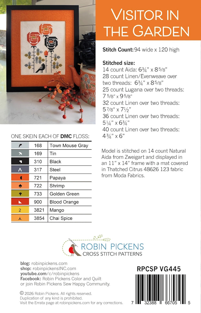 Robin Pickens VISITOR IN THE GARDEN Cross Stitch Pattern