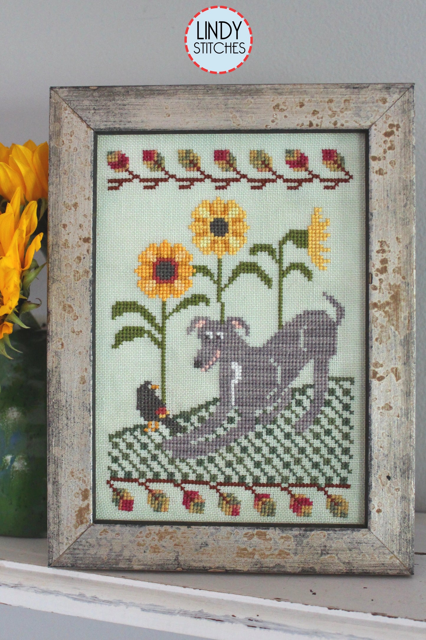 Romping in the Sunflowers Cross Stitch Pattern Lindy Stitches Dogs in the Garden #3