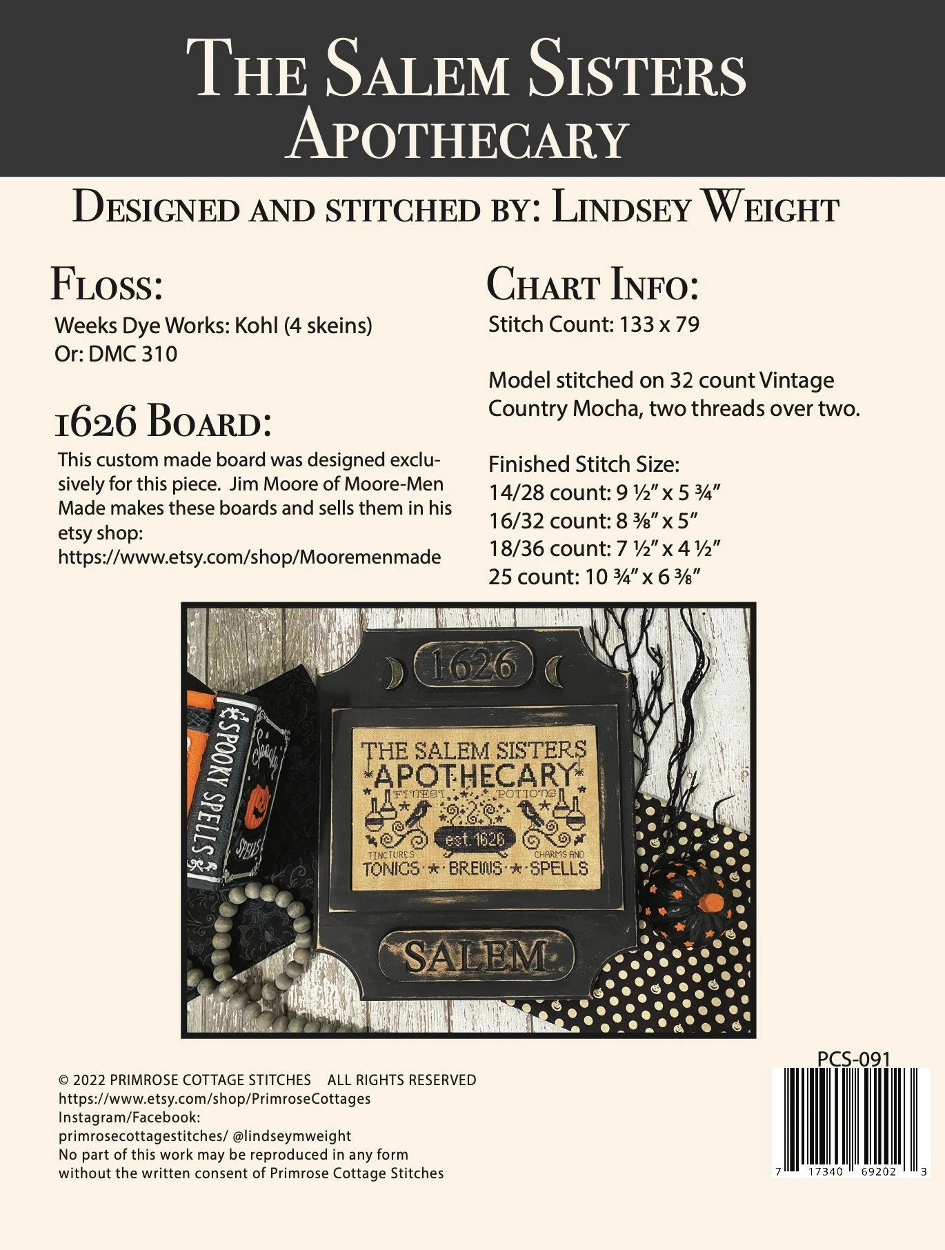 Salem Sisters Apothecary Primrose Cottage Cross Stitch Pattern