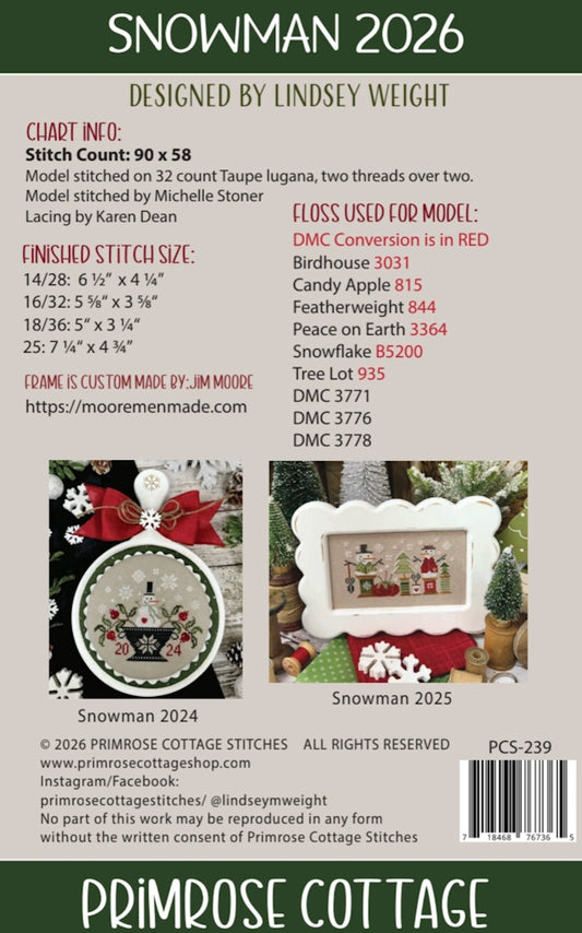 PREORDER Snowman 2026 Cross Stitch Pattern by Primrose Cottage