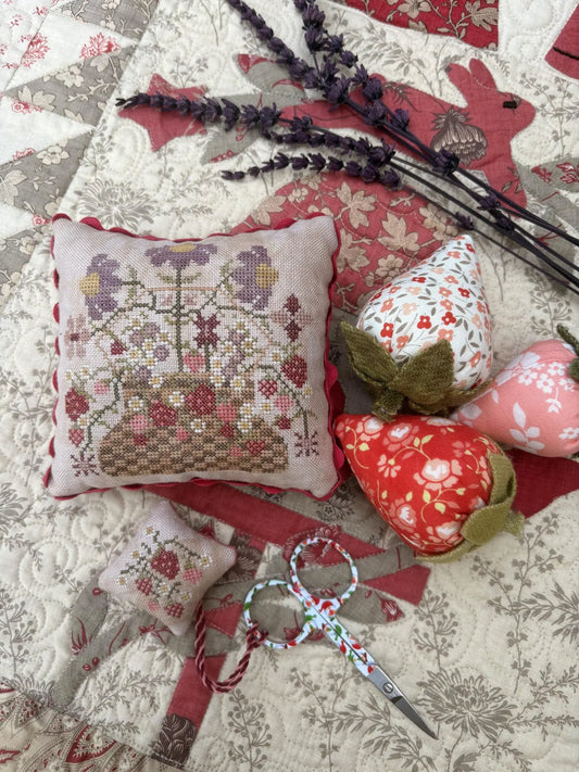PREORDER Pansy Patch STRAWBERRY BASKET PINKEEP AND SCISSOR FOB Cross Stitch Pattern