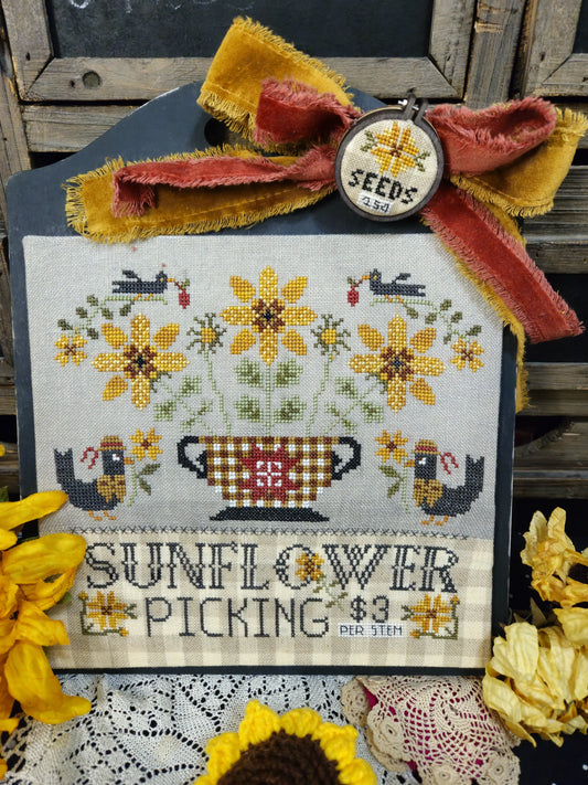 PREORDER Quaint Rose Needlearts SUNFLOWER PICKING Cross Stitch Pattern