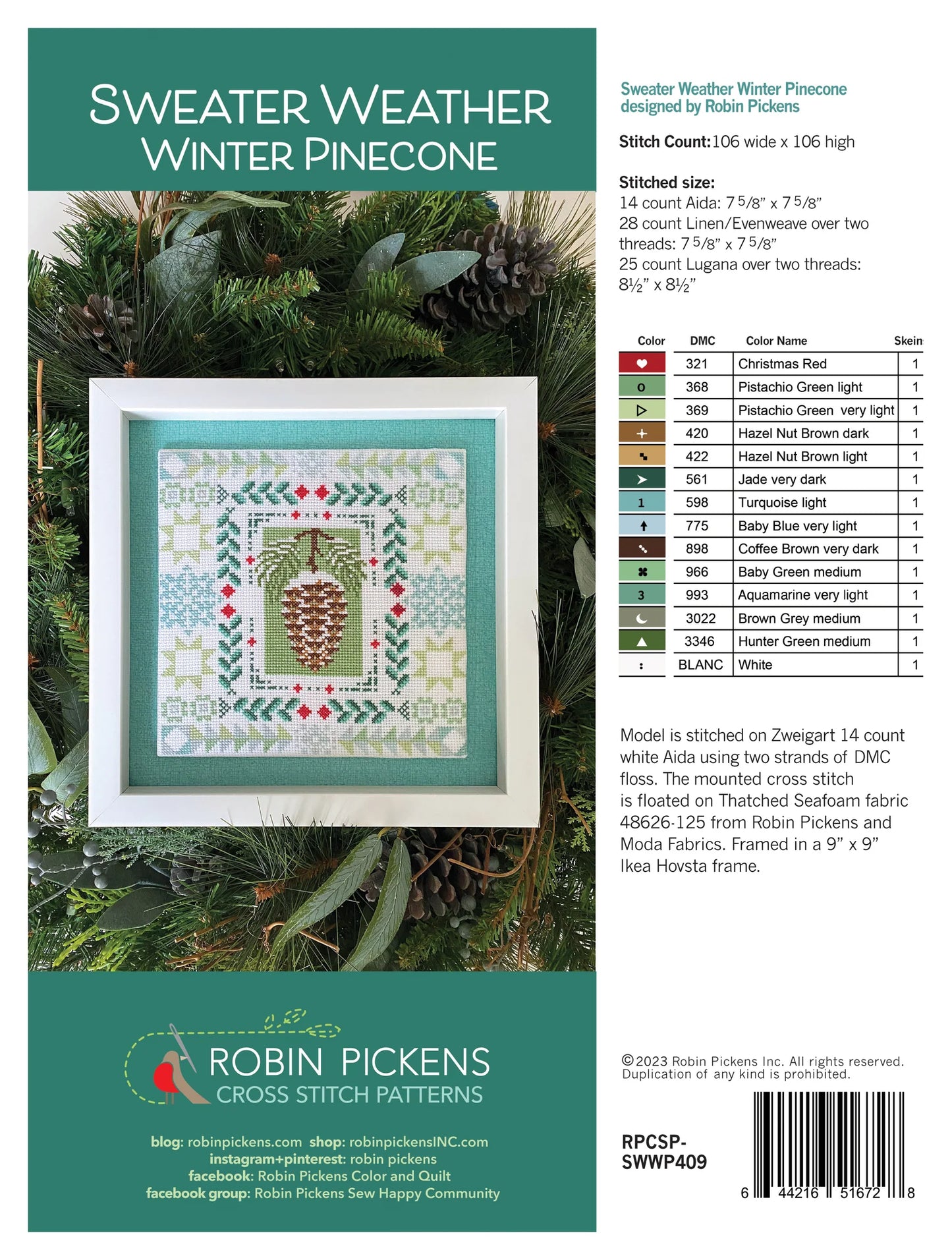 Sweater Weather Winter Pinecone Cross Stitch Pattern by Robin Pickens