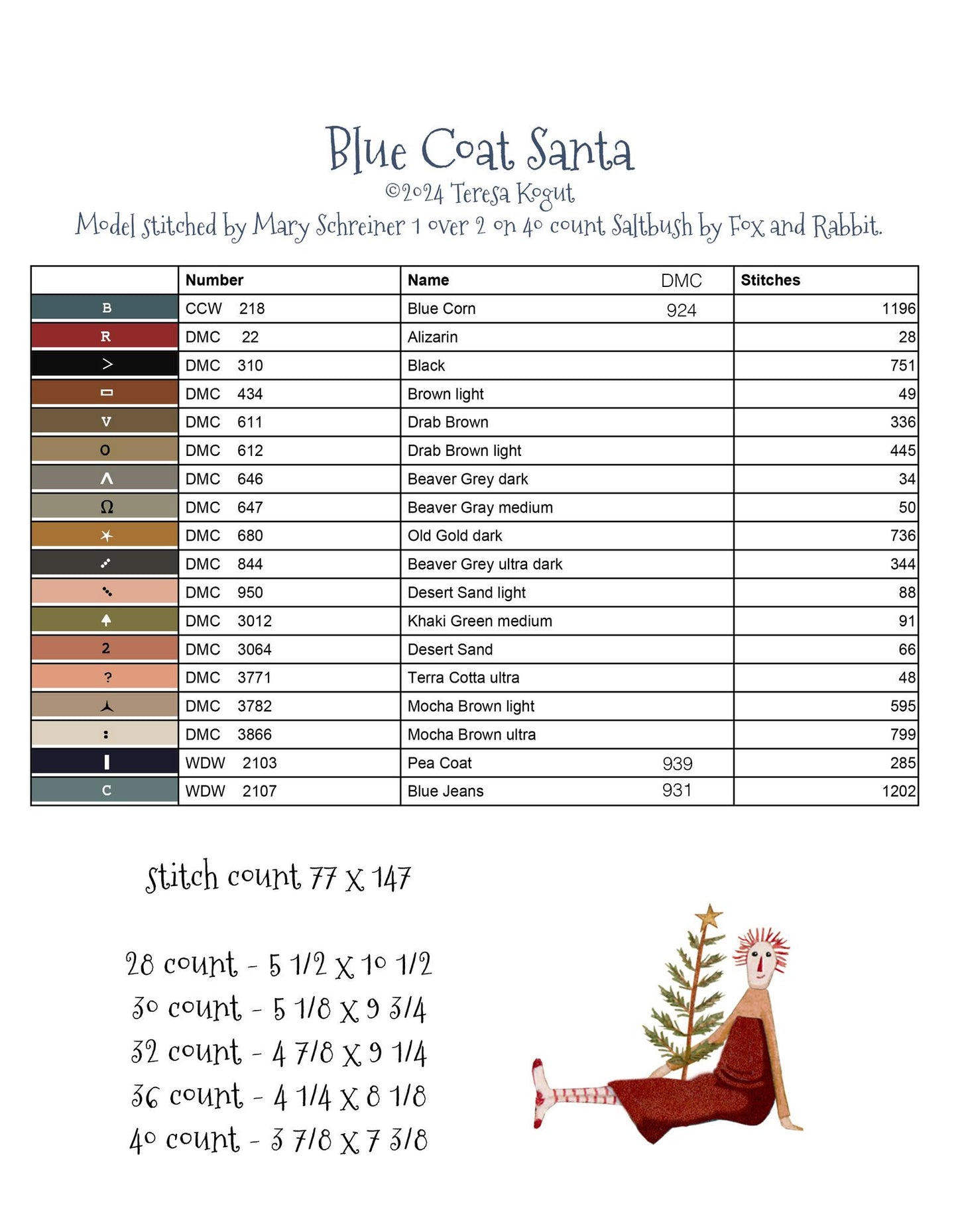 PREORDER Blue Coat Santa Teresa Kogut Cross Stitch Pattern