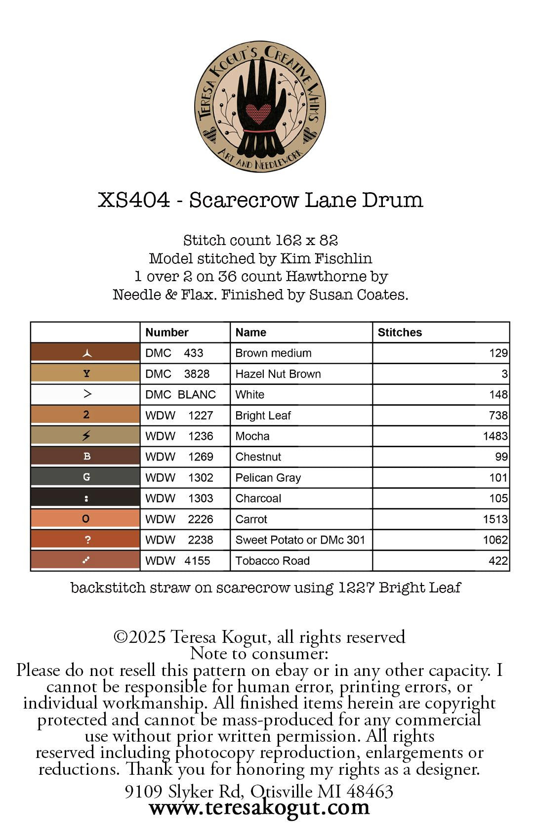 PREORDER Teresa Kogut SCARECROW LANE DRUM Cross Stitch Pattern