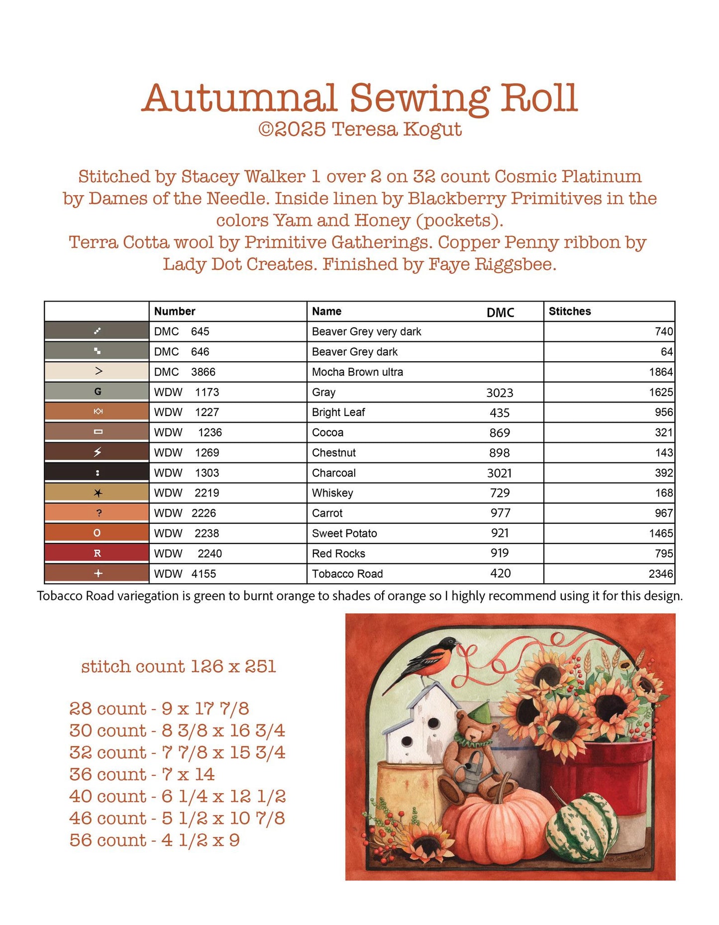 PREORDER Teresa Kogut AUTUMNAL SEWING ROLL Cross Stitch Pattern